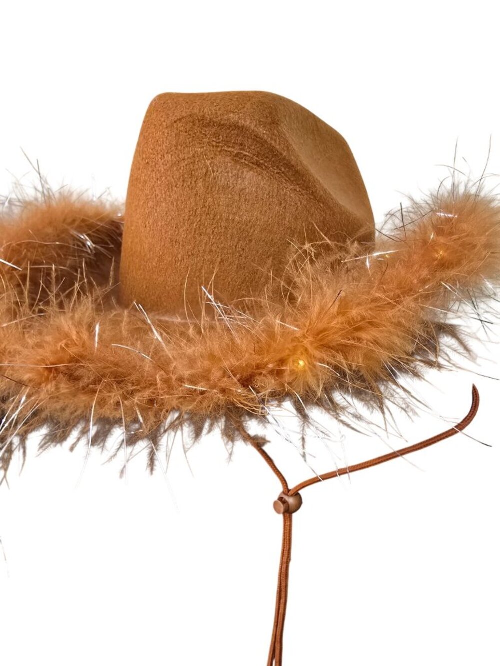 Adult Light Up Cowboy Cowgirl Hat LED Lights Blink Feather Trim Drawstring - Picture 9 of 13